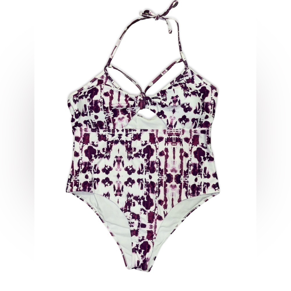 4/$25 BUNDLE SALE! PURPLE WATERCOLOR HALTER ONE PIECE SWIM SUIT WITH CUTOUT!